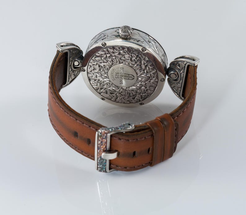 Handcrafted 925 Sterling Silver Women's Watch with Sun Dial & Rubies