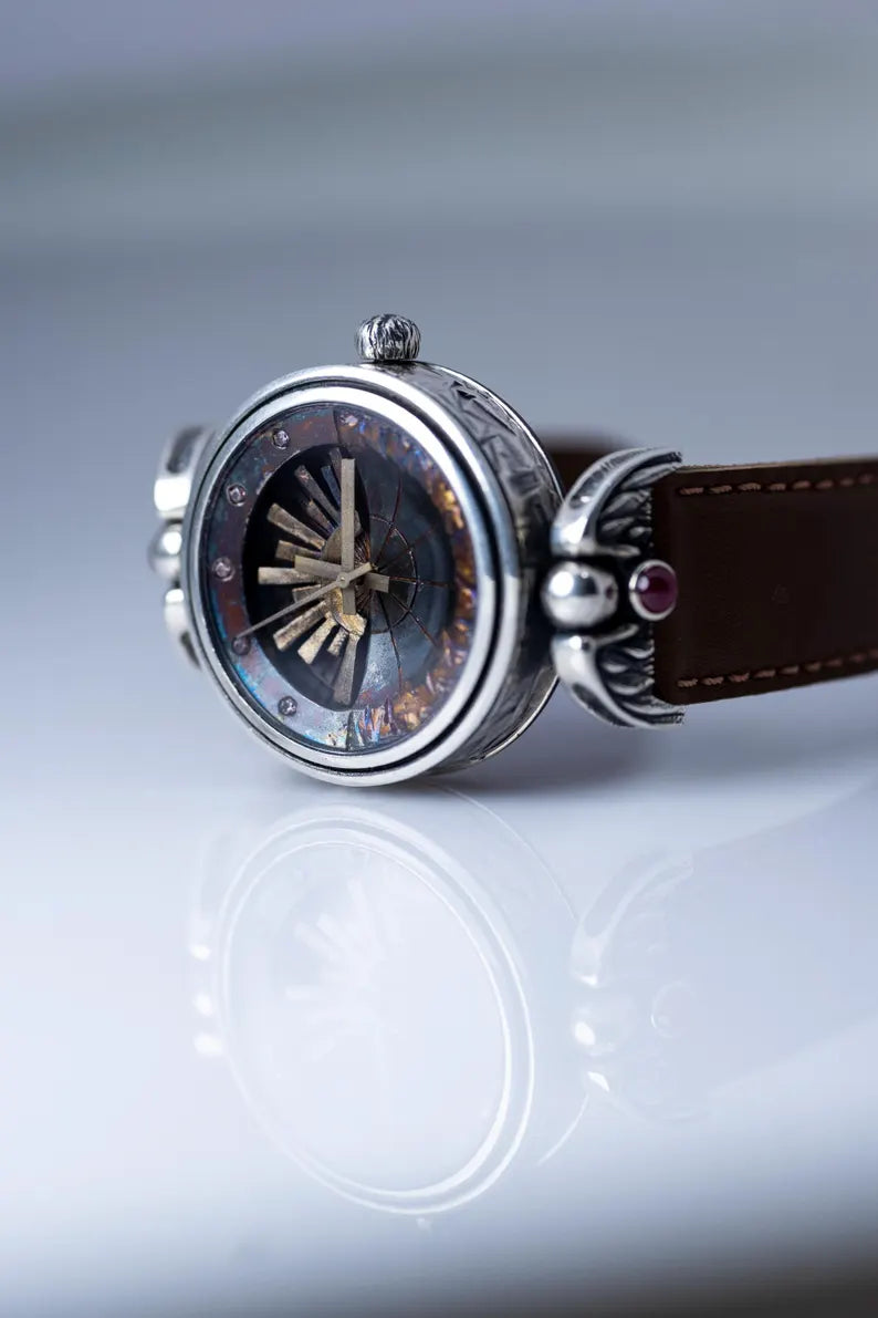 Handmade sterling silver women's watch with artistic sun dial