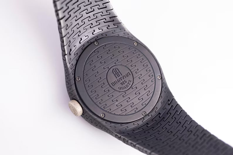 Handcrafted Matte Black 925 Sterling Silver Men's Watch with Textured Strap