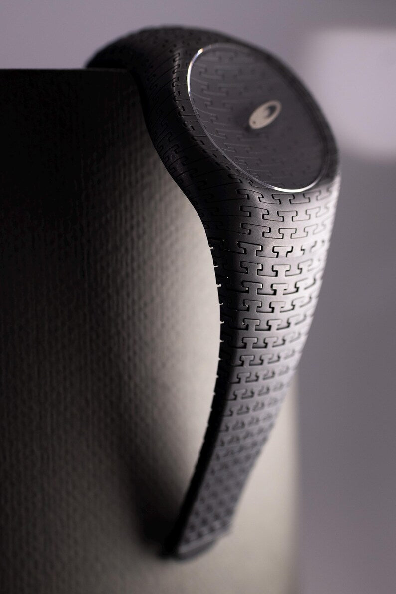 Handcrafted Matte Black 925 Sterling Silver Men's Watch with Textured Strap