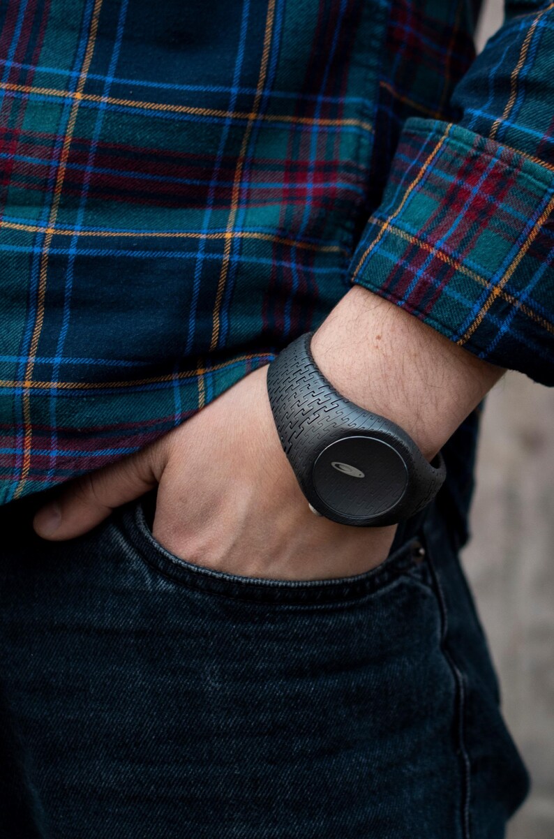 Handcrafted Matte Black 925 Sterling Silver Men's Watch with Textured Strap