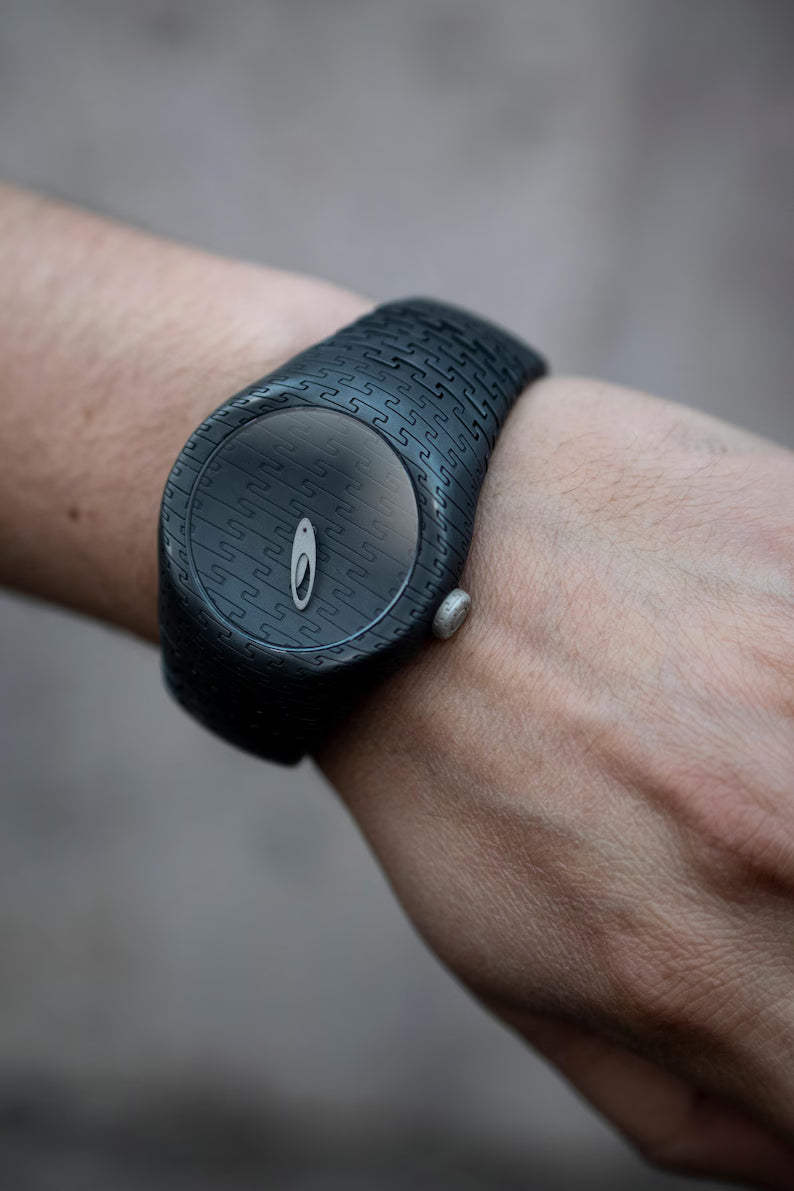 Handcrafted Matte Black 925 Sterling Silver Men's Watch with Textured Strap