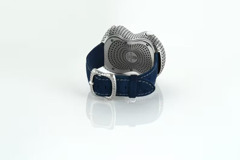 Handcrafted 925 Sterling Silver Guilloché Watch with Blue Enamel Hands