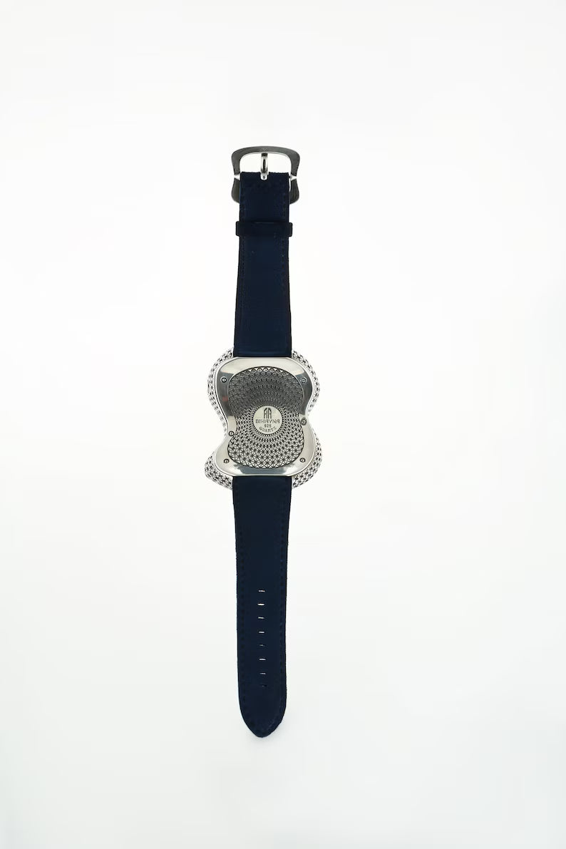 Handcrafted 925 Sterling Silver Guilloché Watch with Blue Enamel Hands