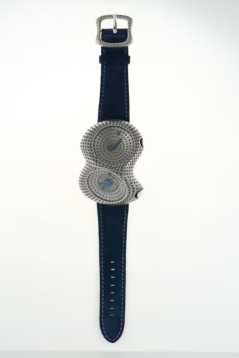 Handcrafted 925 Sterling Silver Guilloché Watch with Blue Enamel Hands