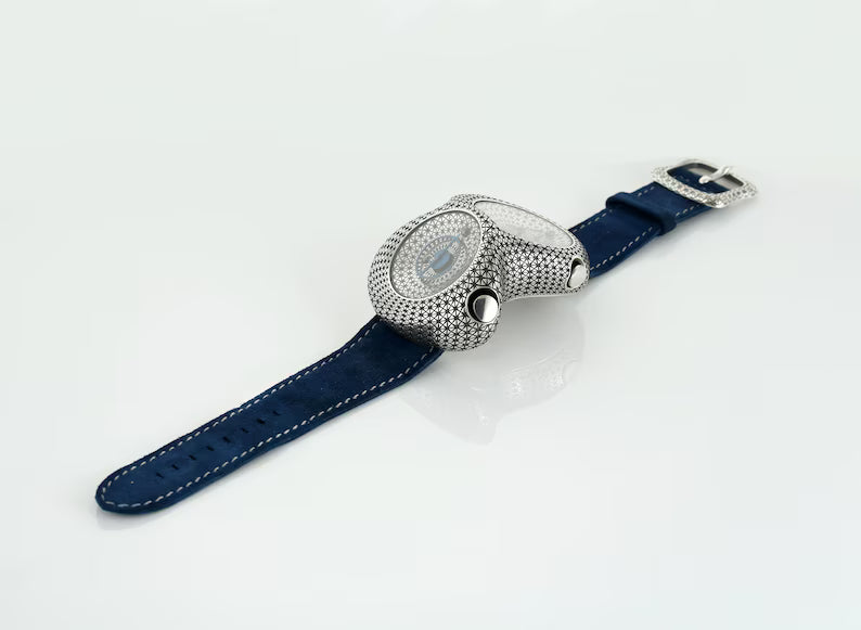 Handcrafted 925 Sterling Silver Guilloché Watch with Blue Enamel Hands