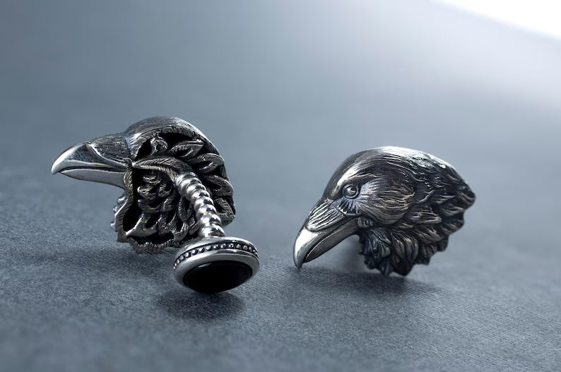 Handmade sterling silver raven head cufflinks