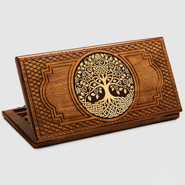 Armenian backgammon set with Celtic Tree of Life carving