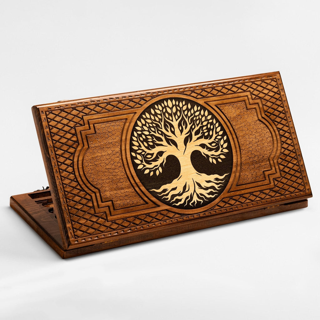 Armenian backgammon set with carved tree motif on the cover