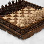 Carved wooden chess set with traditional ornament detailing