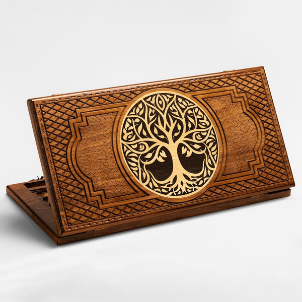 Armenian backgammon set with carved tree design cover