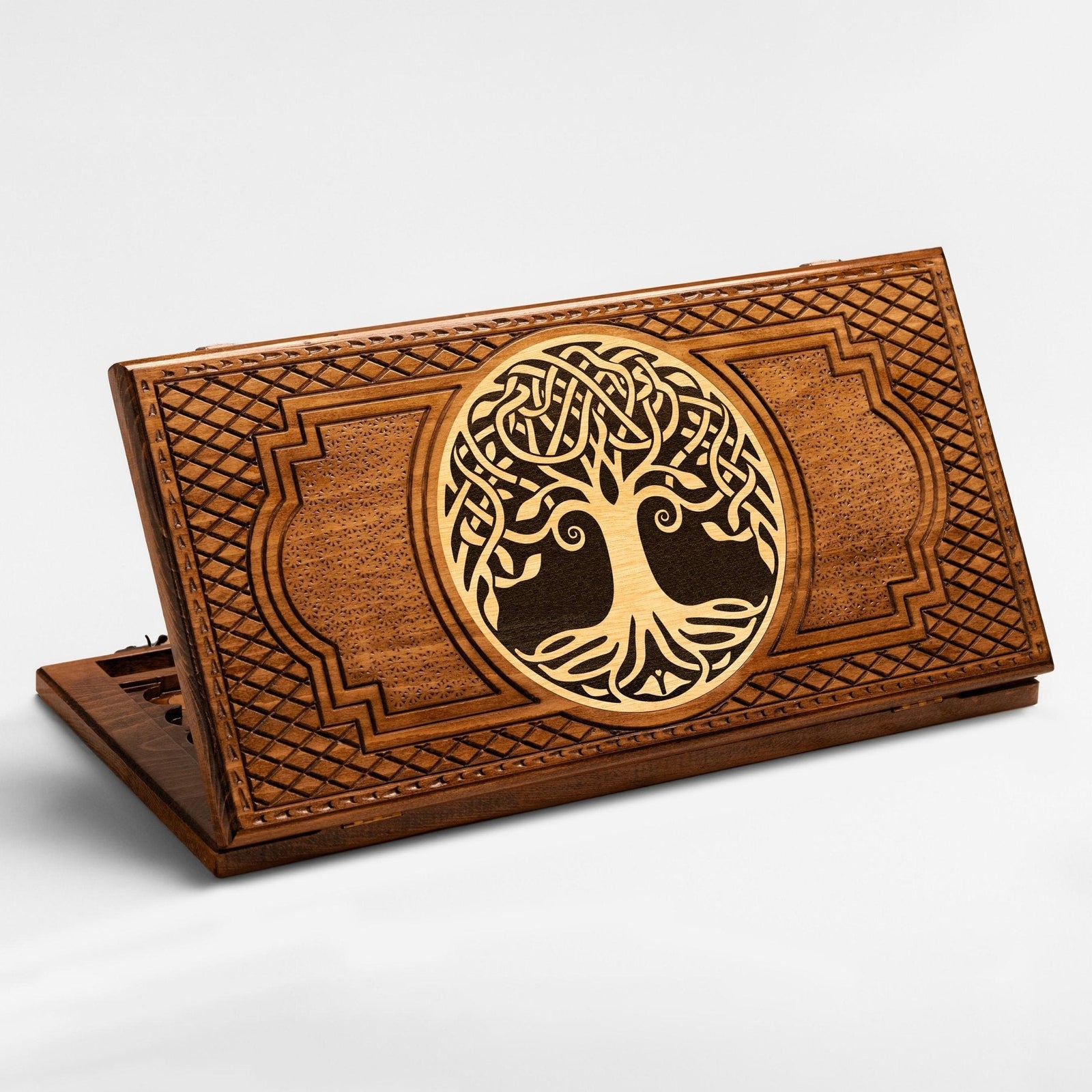 Luxury Armenian backgammon board with intricate tree carving