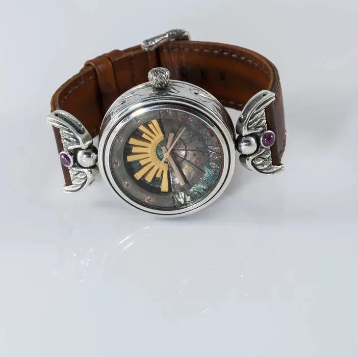 Artisan silver wrist watch with natural rubies and leather strap