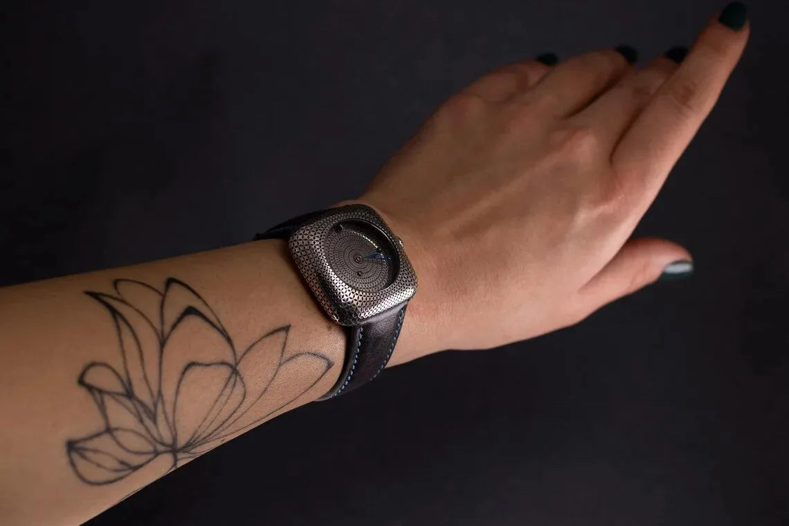 Square Silver Watch with Leather Strap
