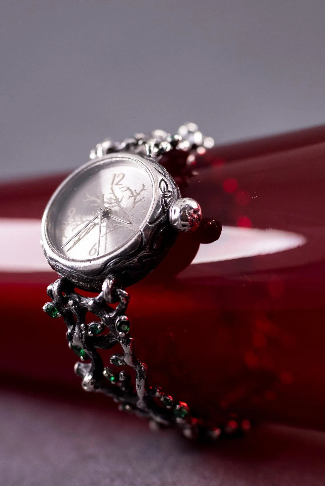 Luxury handcrafted silver watch with organic branch design